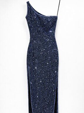 Scala Fully Beaded 100% Silk One Shoulder Gown - Navy XS